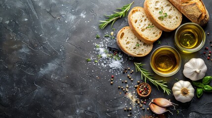 Wall Mural - Farmhouse Background with Artisanal Bread, Garlic, and Olive Oil

