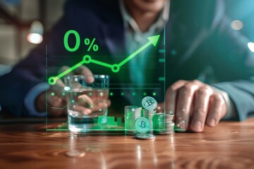 A businessman fiddles with charts and photographs of coins on a wooden table, representing financial growth concepts, digital graphic text and an arrow above the dollar sign to represent an interest c