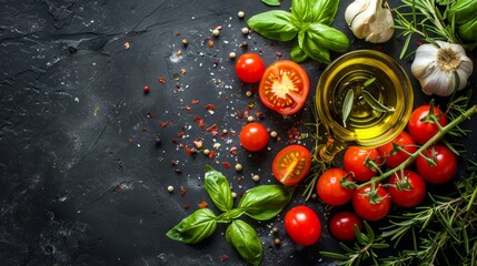 Wall Mural - Mediterranean Background with Olive Oil, Garlic, Tomatoes, and Fresh Herbs

