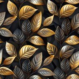 Fototapeta Kwiaty - Seamless Pattern with Abstract Black and Gold Leaves

