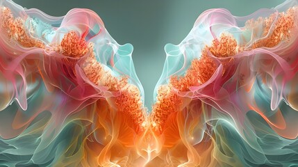 Abstract water wave background, 3d render fluid object texture, iridescent opalescent gradient smoke, futuristic modern design wallpaper, aesthetics beauty image of uterus anatomy surreal landscape. 