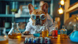 © OHMAl2T - A French Bulldog wearing a scientist's lab coat and goggles conducts an experiment in a miniature laboratory.