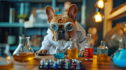 a french bulldog wearing a scientist's lab coat and goggles conducts an experiment in a miniature la