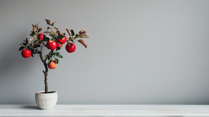 Wall Mural - Minimalistic photo of potted apple tree with ripe fruits on white table against gray wall