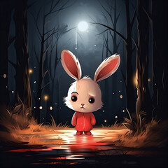 little rabbit with sad face at night in the forest