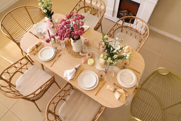 Wall Mural - Beautiful table setting with flowers and candles for wedding celebration in room, top view