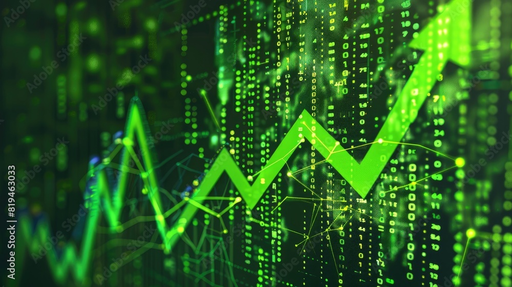 business finance chart . green arrow pointing up on digital green ...