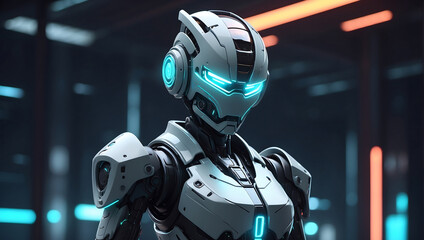 A futuristic robot figure in sleek dark metallic armor with glowing orange accents stands in a dimly lit environment and a helmet with a glowing visor