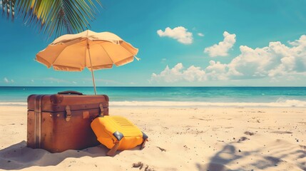 travel - a vintage suitcase, beach umbrella, and life vest on a sandy beach, suggesting vacation vib