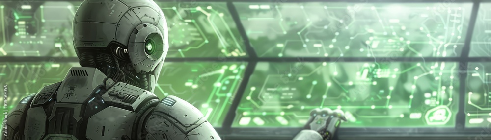 Futuristic humanoid robot analyzes green holographic interface ...