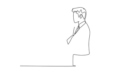 Wall Mural - Self drawing animation of single line draw young male worker seriously staring out of window from office building. Focus thinking on company growth concept. Continuous line draw. Full length animated