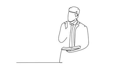 Wall Mural - Animated self drawing of continuous line draw smart young manager standing and looking up far away and thinking business strategy at office. Business planning concept. Full length one line animation