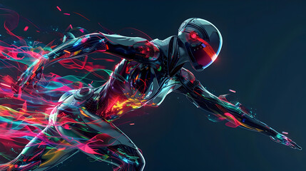 Poster - Graceful Cyborg Ninja Dancer with Flowing Mechanical Limbs and Vivid Holographic Projections in Cinematic Digital Art Style