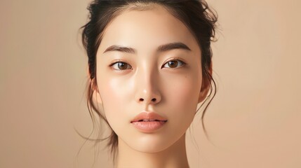 Highlighting the natural beauty of a young Asian woman with clear, fresh skin, this portrait against a beige background is perfect for promoting face care, facial treatments