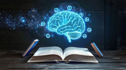 Glowing virtual brain floats above an open book with leaning icons on dark background