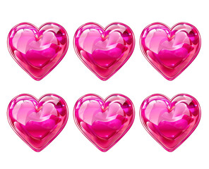 6 pink shiny hearts in the style of clip art, isolated on transparent background, png.