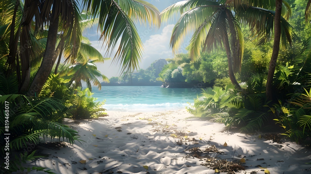 A tropical beach scene with palm trees and white sand, overlooking the ...