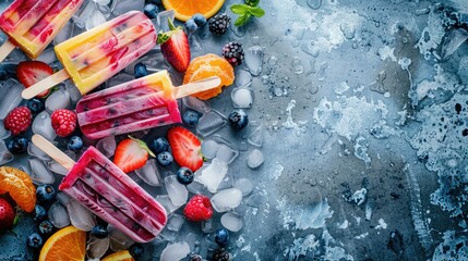 Wall Mural - A colorful rectangle of natural foods art, featuring a dish of popsicles made with strawberries and blueberries as key ingredients in a refreshing peach cuisine recipe AIG50