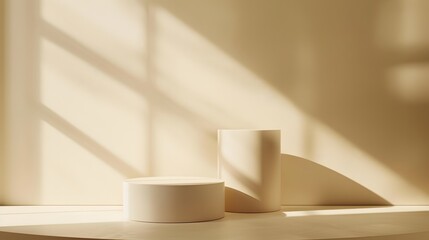 Minimalist plain beige background for product presentation with two simple cylinder pedestal podiums and a shadow on the copy space.
