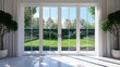 © horizon - Open the prestigous white patio doors, view of a large garden with a lawn and trees and hedges, bright daylight, interior design.