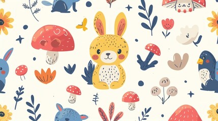 Wall Mural - A cartoon drawing of a rabbit and other animals in a forest