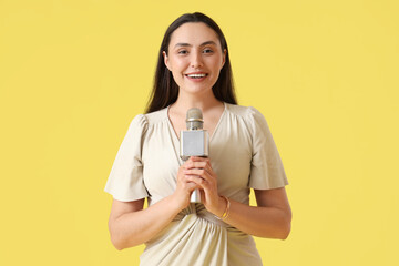 Poster - Female reporter with microphone on yellow background