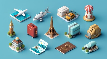 a beautifully crafted set of 3d travel tourism icons for trip planning and world tours. each icon, f