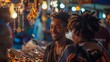 © ALLAI - Smiling African American man browsing through jewelry at a vibrant night market stall with a friend