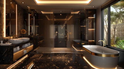 Wall Mural - Modern bathroom with gold accents and marble countertops.