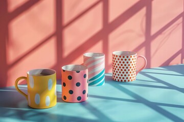 Wall Mural - 3D rendering of colorful geometric patterns and mugs on a table with the shadow of a window frame. Minimalist concept art in an isometric scene.