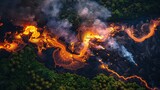 Aerial of Hawaiis volcanic landscapes, flowing lava, rich vegetation , DALL-E 2
