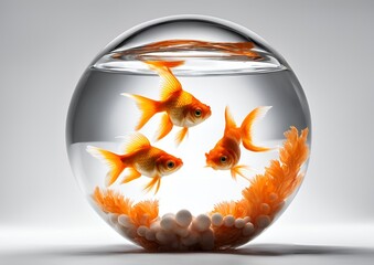 A goldfish floating inside a glass sphere against a white background.