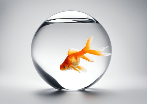 A goldfish floating inside a glass sphere against a white background.