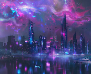 Wall Mural - The skyline, a canvas for milleniwave dreams, lit by stylized neon galaxies