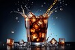 © Kim - A refreshing soda drink or cola, served with ice cubes, creating a splash and bubbles, perfect for a summer party or celebration. ai generative