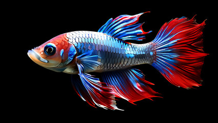 Wall Mural - Betta fish   swimming  inside a large glass jar with broad green leaves.