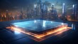 © Raffaza - glass podium background with chrome accents, in a sleek corporate office overlooking a cityscape, feeling of professionalism and ambition