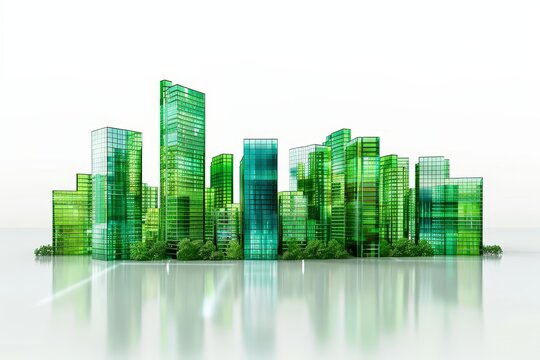 Realistic photograph of a complete Green Buildings,solid stark white background, focused lighting