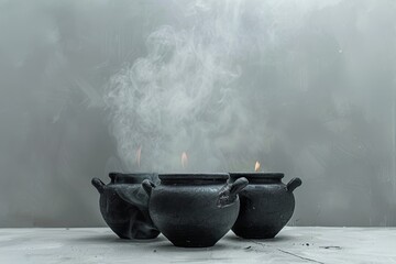 Realistic photograph of a complete Witch's cauldrons,solid stark white background, focused lighting