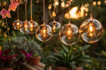 Wall Mural - Glass orbs with candles inside hang above an outdoor garden at sunset, each glowing softly.