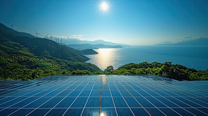 A series of wind turbines and solar panels against a clear blue sky, representing the transition towards renewable energy sources and a cleaner future..illustration