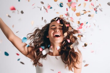 Wall Mural - woman celebrating with confetti on white background