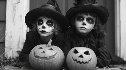 Wall Mural - Halloween - children in makeup - pumpkin - Jack-o-lantern - black and white photography 