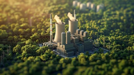 Canvas Print - The future of energy: a power plant surrounded by trees, representing sustainable energy practices. This eco power concept emphasizes environmental friendliness and reducing carbon footprints.