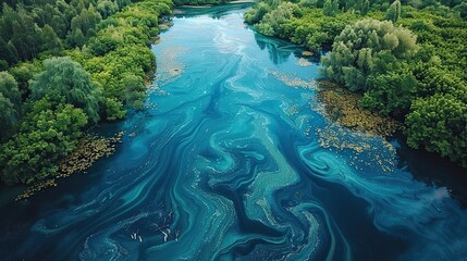 A polluted river flowing into a clean ocean, highlighting the need for pollution control measures and the protection of freshwater resources..stock image