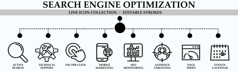 SEO line icon collection. Containing icons of active search, technical support, pay per click,  seo monitoring, mobile marketing and more. Linear icon collection. Editable stroke. Vector illustration