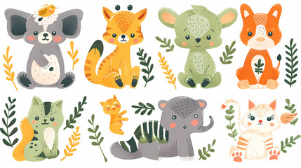  A set of cute cartoon animals. Vector flat images of animals for postcards, invitations, textiles, thermal printing