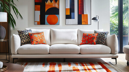Wall Mural - Modern living room with a white sofa and a single statement throw pillow with a bold pattern.