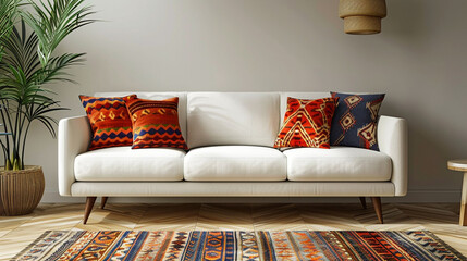 Poster - Modern living room with a white sofa and a single statement throw pillow with a bold pattern.