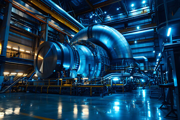 Large industrial machinery in a factory, featuring turbines and complex pipelines illuminated in blue.